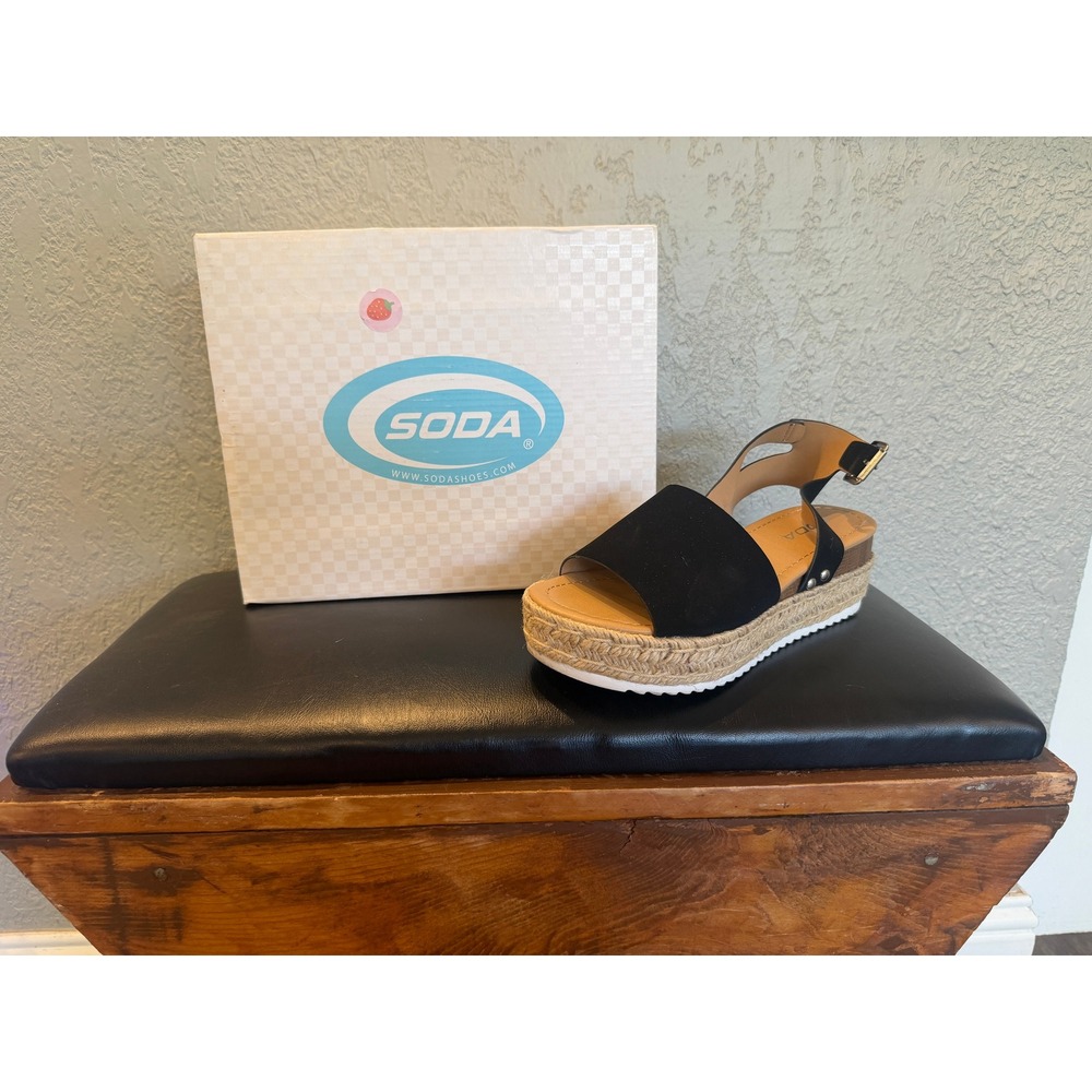 Soda Black Faux Suede Platform Espadrille Wedge Sandals Womens 7.5